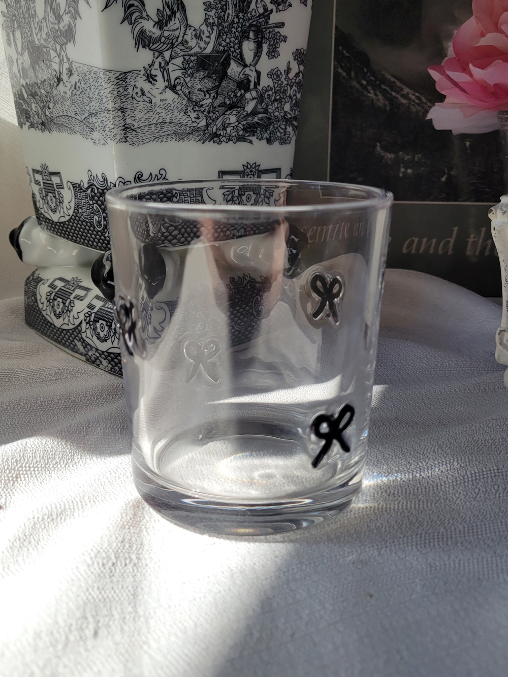Clear Glass Tumbler with Black Bow Accents